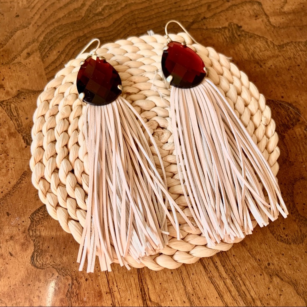 Anthropologie Leather Fringe Earrings w/ Red Jewel
